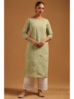 Soch - Womens Green Chanderi Floral Chikankari Embroidered Kurta