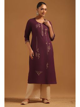 Soch - Womens Purple Pure Cotton Ethnic Motifs Embroidered Kurta