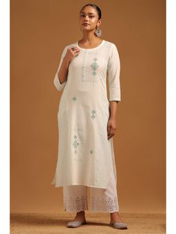 Soch - Womens Off White Cotton Flex Embroidered Kurta