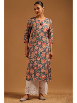 Soch - Womens Teal Rayon Botanical Kurta