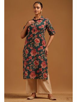 Soch - Womens Green Cotton Botanical Zari Embroidered Kurta With Sequins
