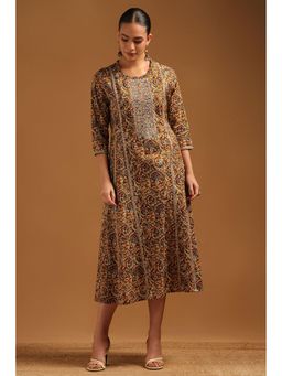 Soch - Womens Mustard Cotton Paisley Printed Midi Dress