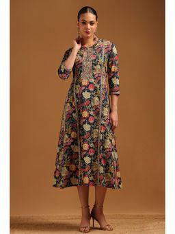 Soch - Womens Blue Pure Cotton Botanical Printed Midi Dress
