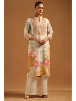 Soch - Womens Cream Linen Botanical Kurta With Beads