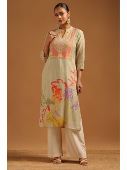 Soch - Womens Sap Green Linen Botanical Kurta With Beads