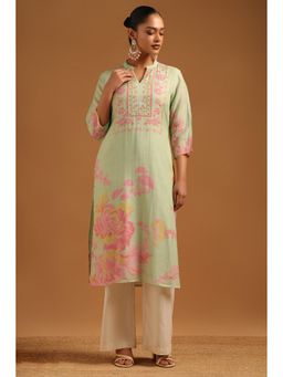 Soch - Womens Light Green Linen Botanical Kurta With Beads
