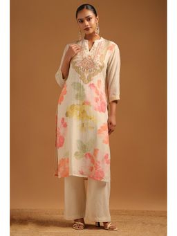 Soch - Womens Cream Linen Botanical Kurta With Beads