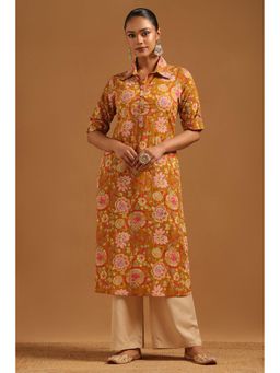 Soch - Womens Mustard Cotton Botanical Kurta With Sequins