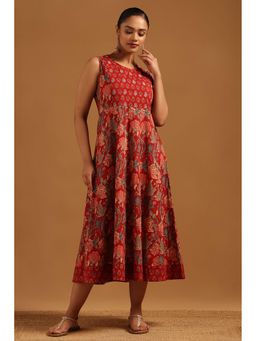 Soch - Womens Brick Red Cotton Botanical Midi Dress