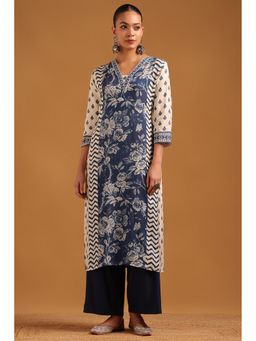 Soch - Womens Blue Muslin Botanical Kurta With Bead Details