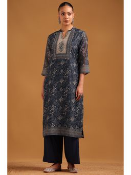 Soch - Womens Blue Chanderi Botanical Kurta