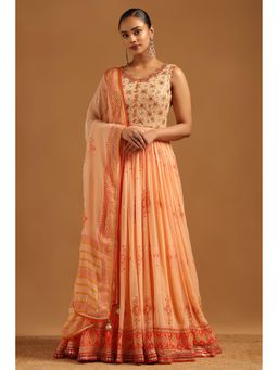 Soch - Womens Peach Georgette Anarkali Kurta with Sleeves Churidar & Dupatta