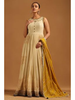 Soch - Womens Beige Georgette Anarkali Kurta with Sleeves Churidar & Dupatta