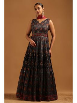 Soch - Womens Black Dupion Silk Patola Anarkali Kurta with Sleeves Churidar & Dupatta