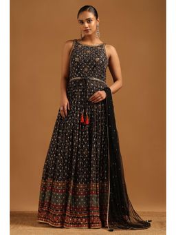 Soch - Womens Black Georgette Anarkali Kurta with Sleeves Churidar & Dupatta