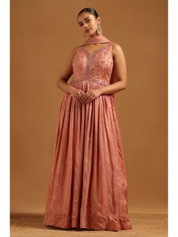 Soch - Womens Blush Pink Dola Silk Botanical Anarkali Kurta with Sleeves Churidar & Dupatta