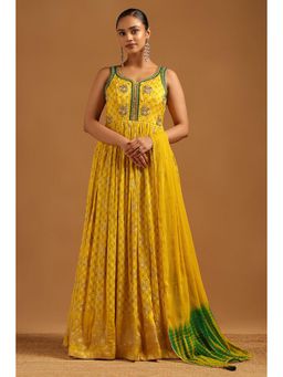 Soch - Womens Yellow Dola Silk Bandhani Anarkali Kurta with Sleeves Churidar & Dupatta