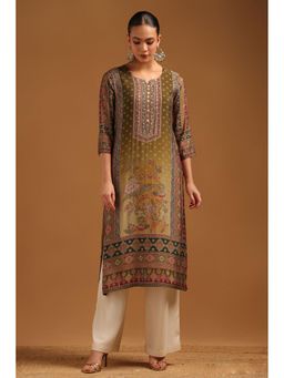 Soch - Womens Olive Muslin Botanical Embroidered Kurta With Sequins