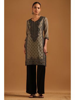 Soch - Womens Olive Chinon Ethnic Motifs Kurta Embroidered and Thread Work