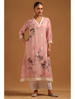 Soch - Womens Blush Pink Brocade Botanical Kurta With Beads