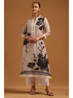 Soch - Womens Grey Brocade Botanical Kurta With Pearl