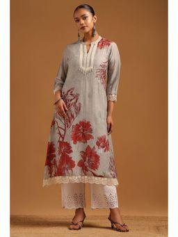 Soch - Womens Grey Brocade Botanical Kurta With Beads