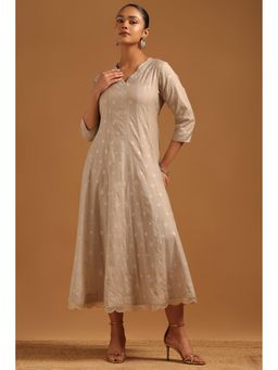 Soch - Womens Beige Mul Chanderi Midi Dress