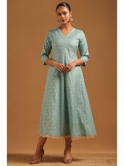 Soch - Womens Powder Blue Mul Chanderi Zari Midi Dress