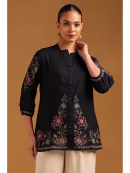 Soch - Womens Navy Blue Rayon Floral Embroidered Tunic