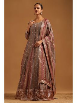 Soch - Womens Grey Russian Silk Zari Gown With Dupatta