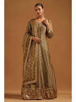 Soch - Womens Green Russian Silk Zari Gown With Dupatta