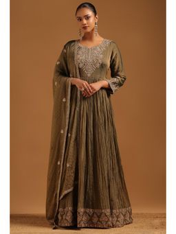 Soch - Womens Olive Fendi Ethnic Motifs Gown With Dupatta