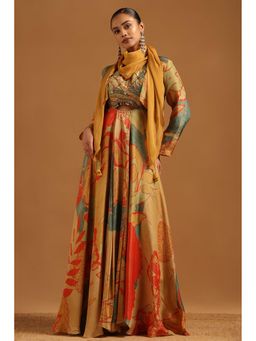 Soch - Womens Multi-Colour Tissue Botanical Gown With Jacket & Scarf
