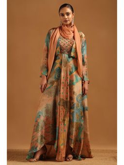 Soch - Womens Multi-Colour Tissue Gown With Jacket & Scarf