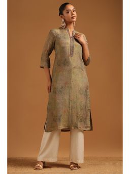 Soch - Womens Olive Viscose Blend Botanical Kurta With Beads And Stones