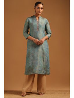 Soch - Womens Turquoise Blue Viscose Blend Botanical Kurta With Beads And Stones