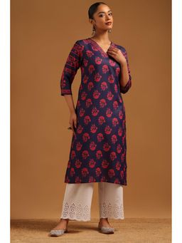 Soch - Womens Indigo Linen Botanical Kurta With Beads