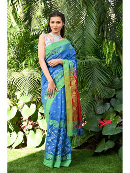 Beatitude - Blue Handloom Cotton Silk Saree with Unstitched Blouse