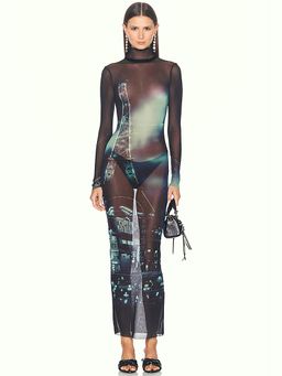 Jean Paul Gaultier - Pigalle Turtleneck Mesh Long Printed Dress