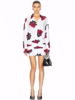 Norma Kamali - Oversized Boyfriend Shirt Shirred Bottom Mini Dress