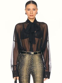 Norma Kamali - Super Oversized Boyfriend Shirt Bow Bodysuit