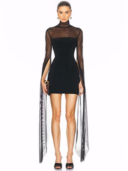 Norma Kamali - Ribbon Sleeve Turtleneck Mesh Mini Dress