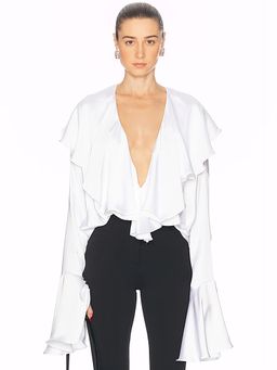 Norma Kamali - Long Sleeve Deep V Ruffle Bodysuit