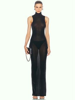 PRISCAVera - Velvet Mesh Turtleneck Maxi Dress