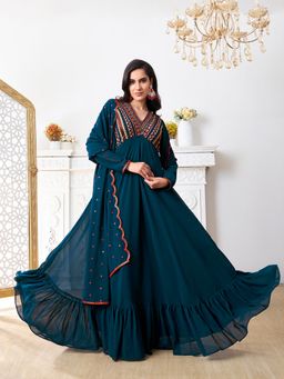 INDDUS - Women Ethnic Motifs Embroidered Tiered Kurta with Embroidered Dupatta