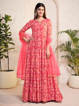 INDDUS - Women Floral Printed Lace Up Kurta with Dupatta