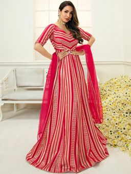 INDDUS - Women Zari Striped Embroidered Anarkali Kurta with Dupatta