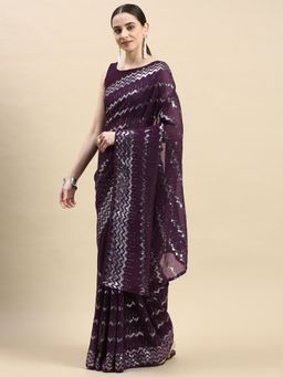 VAIRAGEE - Purple Sequence Embroidery Soft Georgette Saree with Unstitched Blouse