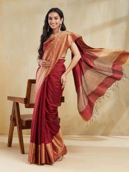 Fabindia - Maroon Woven Saree with Unstitched Blouse