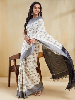 Fabindia - Ivory Printed Saree with Unstitched Blouse